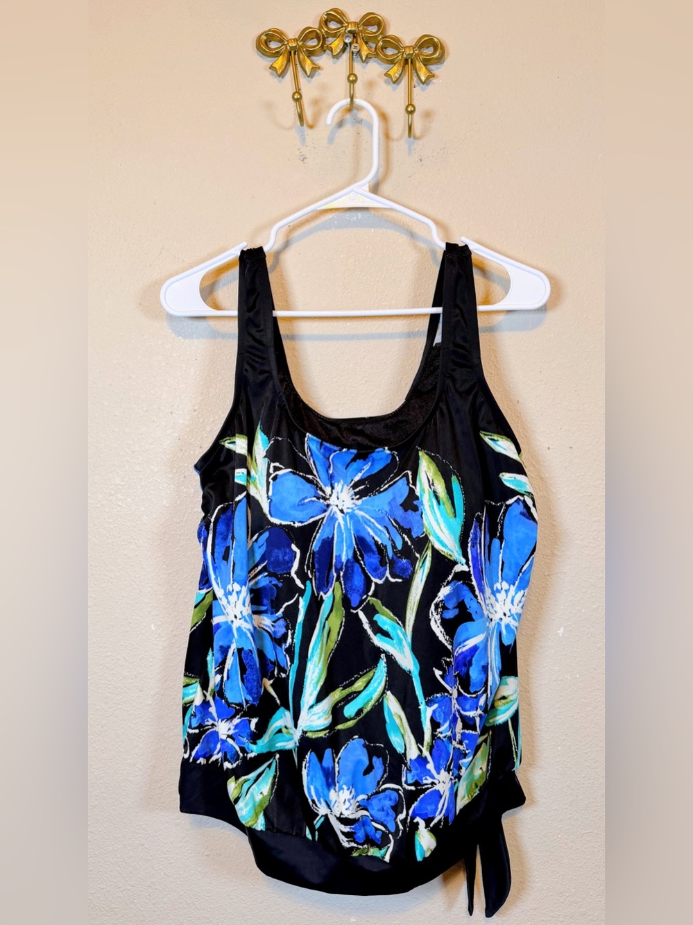 Maxine of Hollywood Blouson Tankini Swim Tank Top w/Blue & Khaki Floral Print 16
